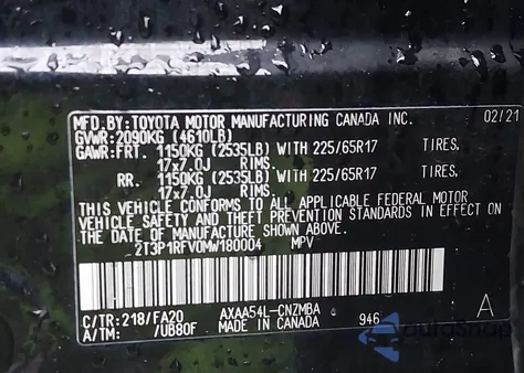 2021 Toyota Rav4 Xle from USA, damaged, VIN 2T3P1RFV0MW180004